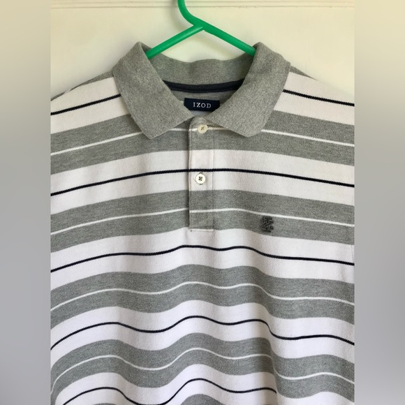 iZOD Classic Striped White and Gray Polo Shirt Mens size Medium - Picture 4 of 8